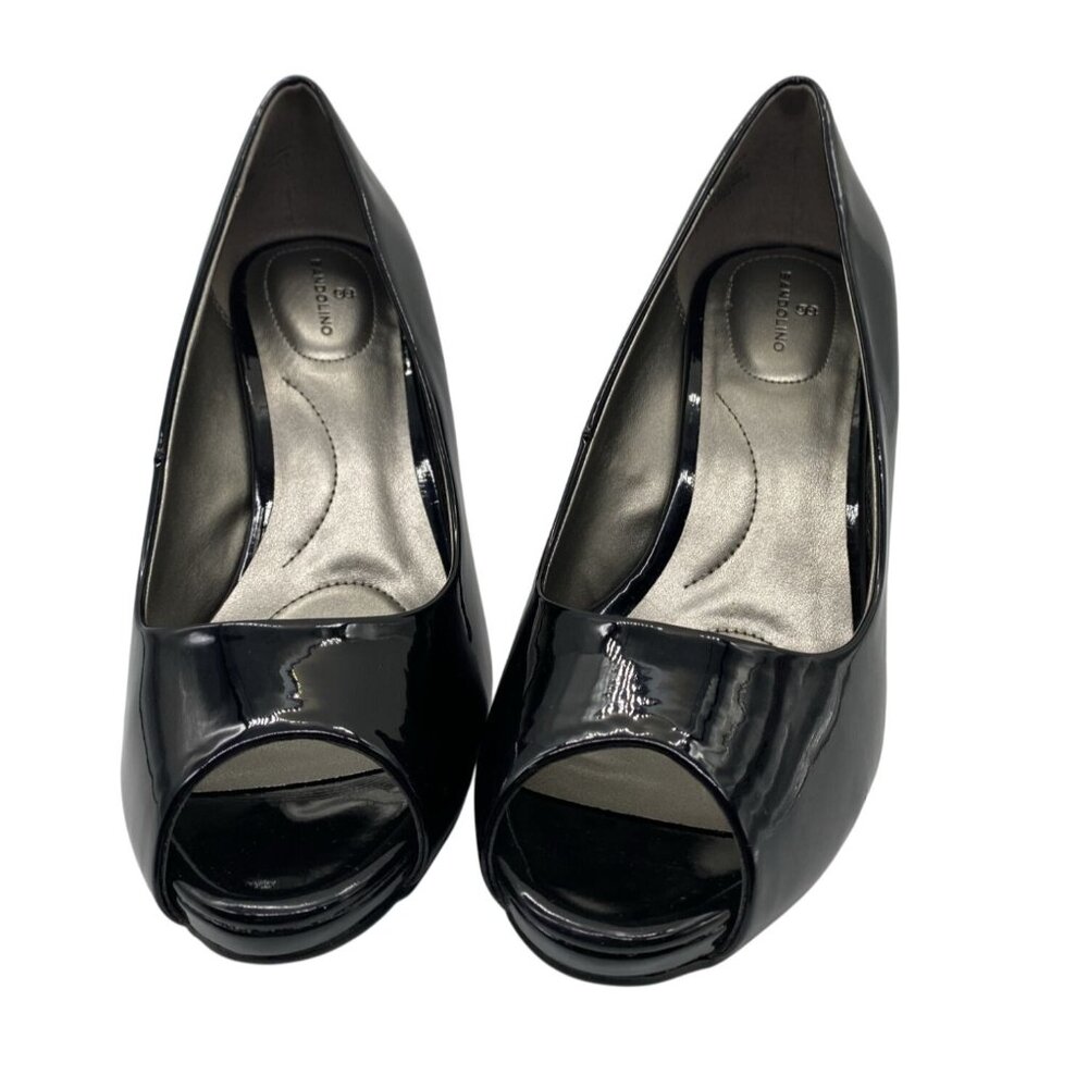 Bandolino Braina Black Patent Peep Toe Heels 9M 3" Stiletto Pumps Man Made Upper